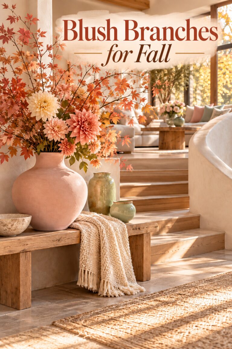 Autumn branches and dahlias in a pink vase on a wood bench beneath the words Blush Branches for Fall