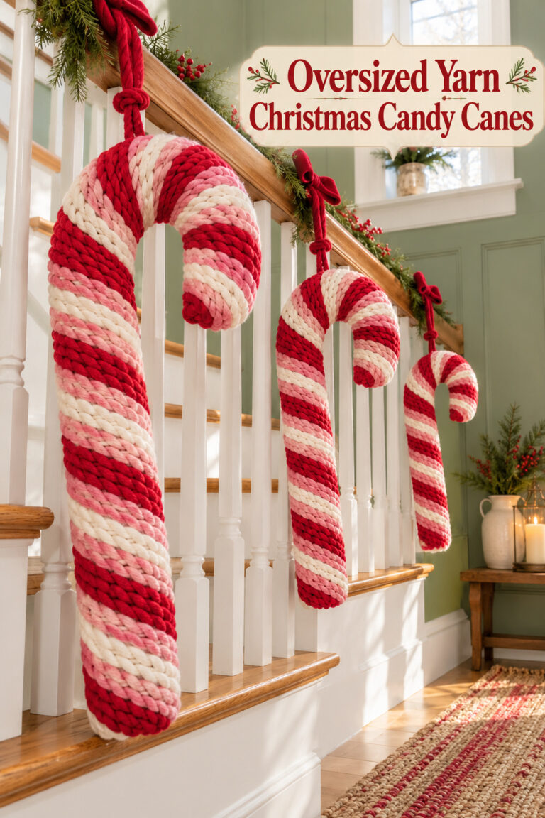 Red pink and ivory yarn decorations beside a stair rail with text Oversized Yarn Christmas Candy Canes