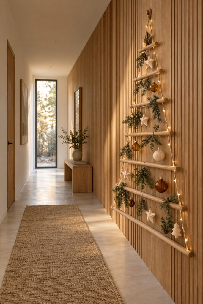 Graduated wooden rods form a Christmas wall tree with cream stars amber ornaments greenery and small lights