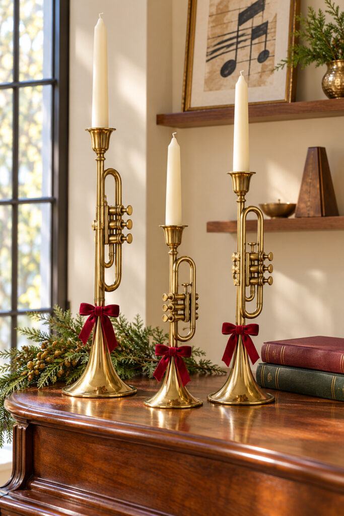 Three brass trumpet shaped candleholders with ivory tapers and cranberry bows stand on a wooden cabinet