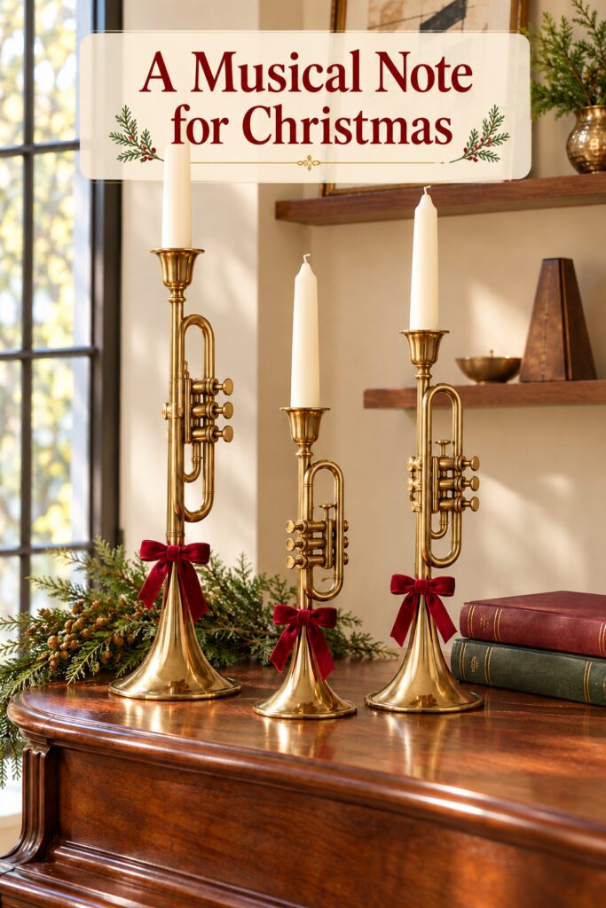 A Musical Note for Christmas headline above a brass trumpet candleholder display with velvet ribbon