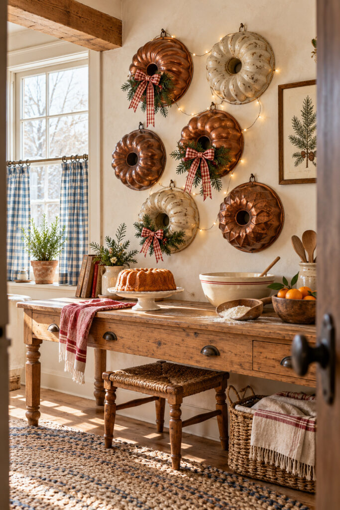 Copper ring cake pans with cedar and checked bows above a farmhouse baking console with a bundt cake