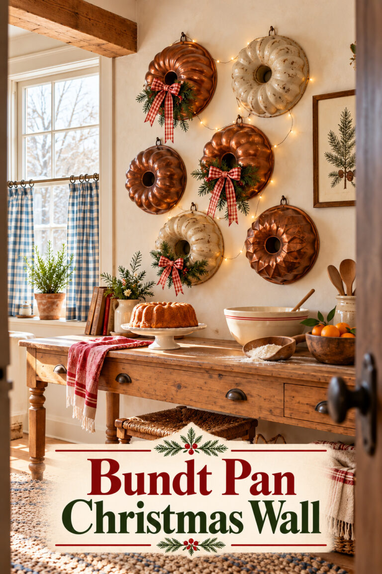 Copper ring cake pans with cedar and checked bows above a farmhouse baking console with a bundt cake with the words Bundt Pan Christmas Wall