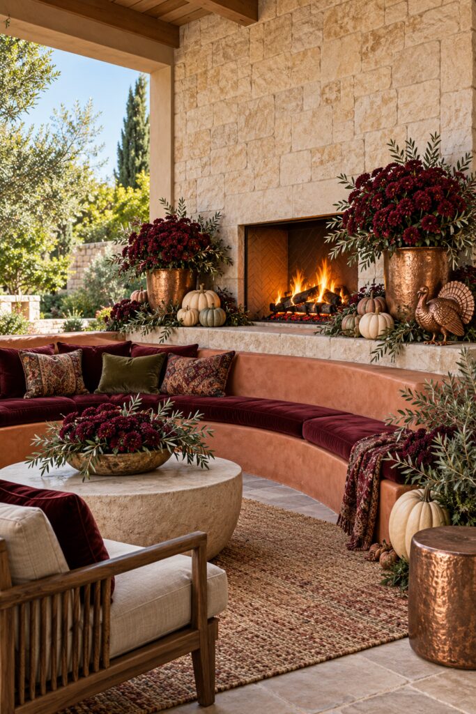 Covered Thanksgiving patio with burgundy bench cushions copper flower vessels cream pumpkins and a pale stone fireplace