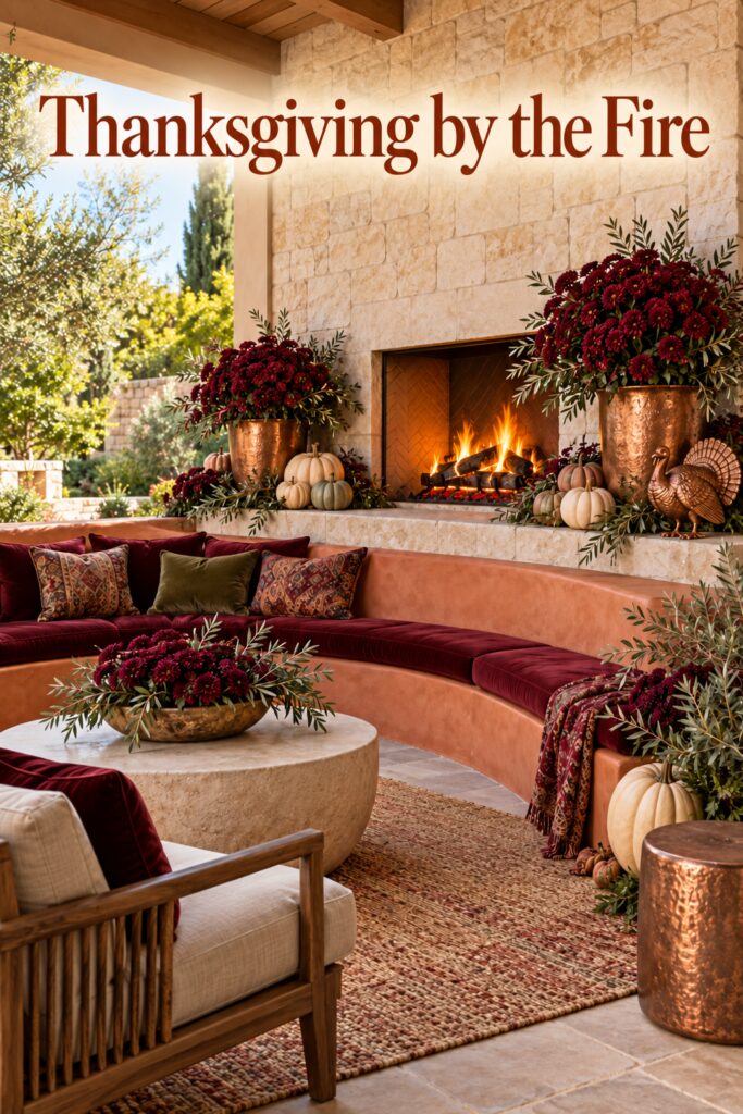 Thanksgiving by the Fire headline over burgundy patio seating and copper floral arrangements beside a stone fireplace