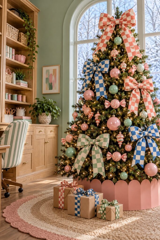 A full evergreen tree carries large coral blue and mint checked bows pastel baubles and candy ornaments in a mint studio