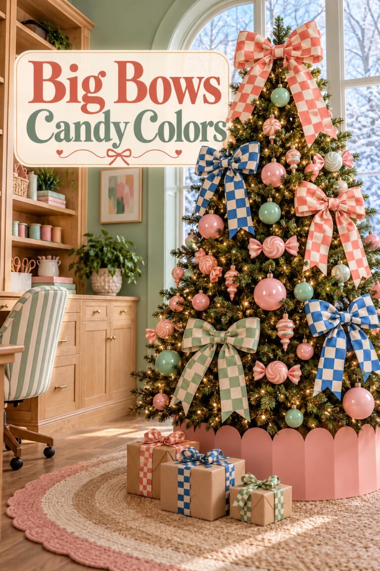 Christmas tree with oversized patterned bows and pastel candy ornaments beside the words Big Bows Candy Colors