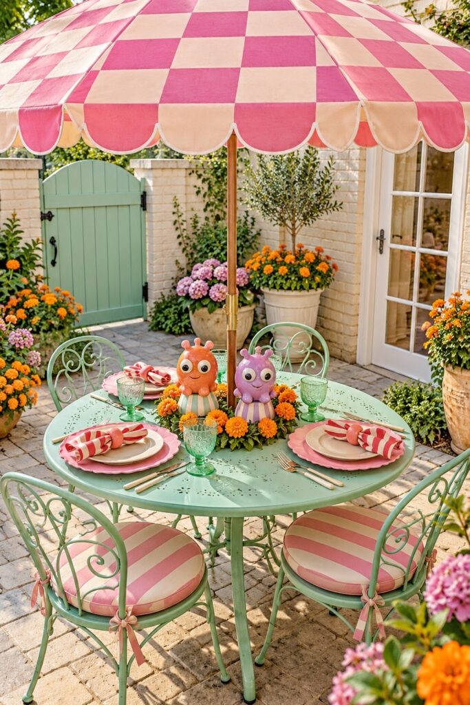 Pastel monster figures and orange flowers decorate a Halloween table beneath a pink checkerboard parasol