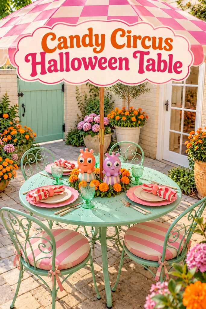 Pastel monsters and pink place settings beneath the words Candy Circus Halloween Table
