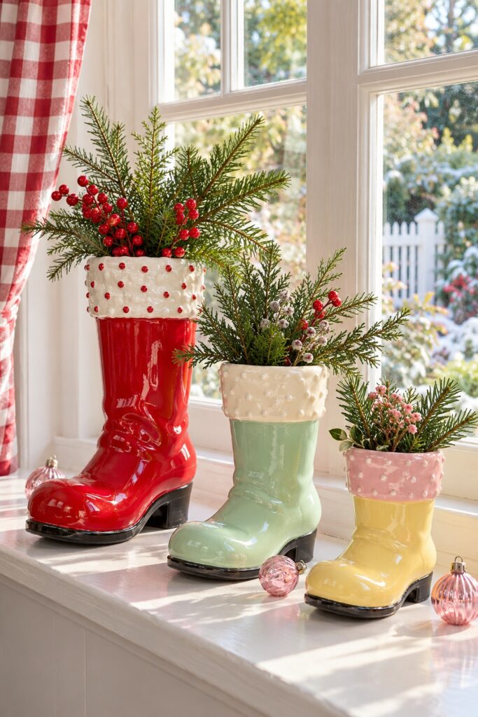 Red mint and yellow ceramic Christmas boot vases hold evergreen cuttings on a white sunroom sill