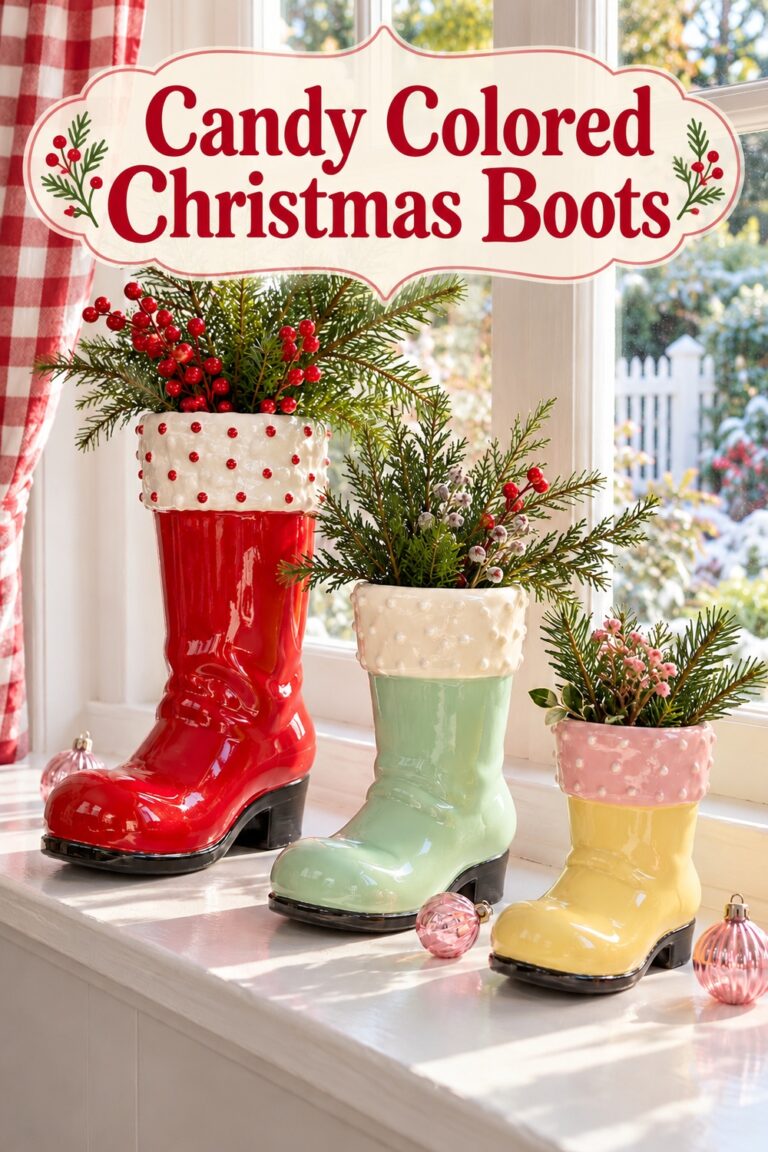 Red mint and yellow boot shaped vessels with evergreen stems below the words Candy Colored Christmas Boots