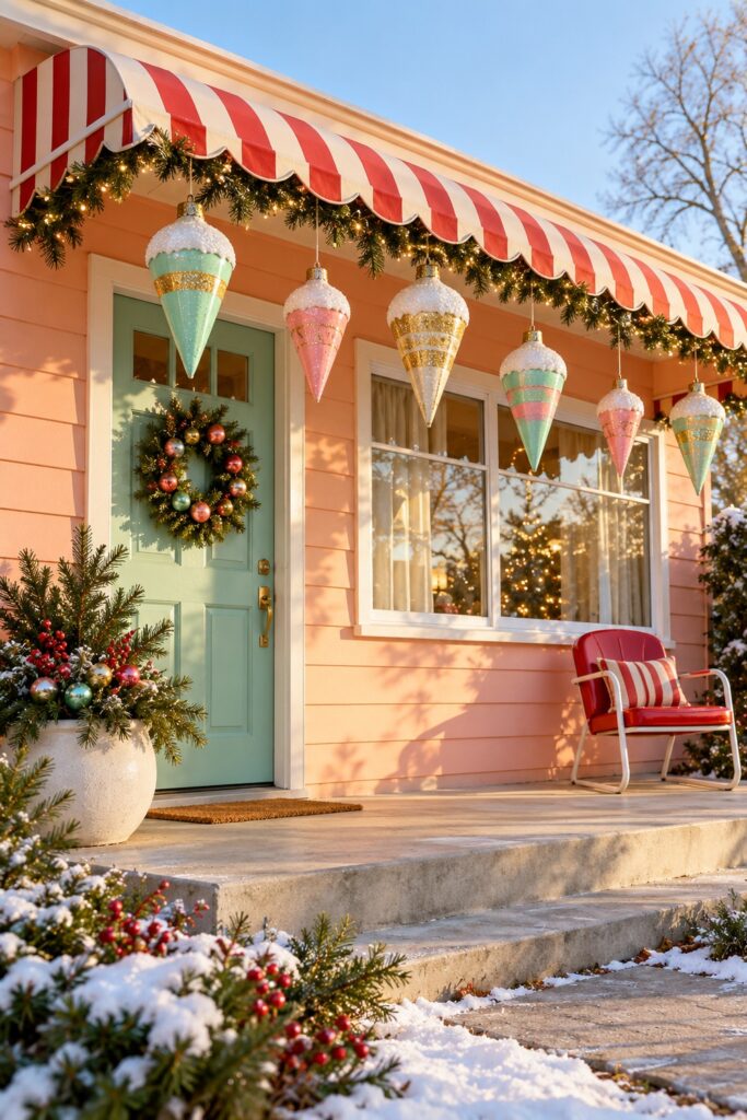 Candy cone Christmas ornaments hang beneath a striped awning above a mint door on a peach bungalow porch