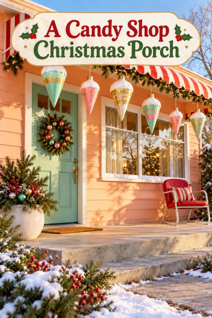 Pastel cone ornaments under a striped awning below the words A Candy Shop Christmas Porch