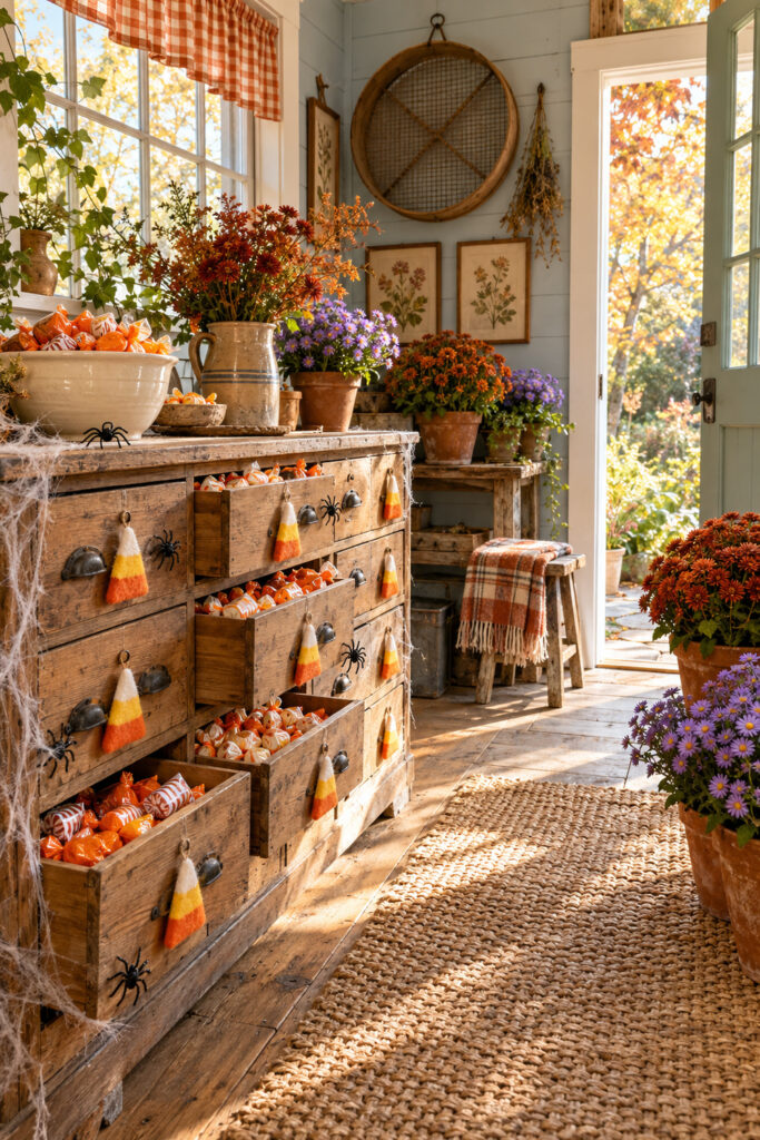 Felt candy corn decorations on wooden treat drawers filled with wrapped sweets in a farmhouse potting shed