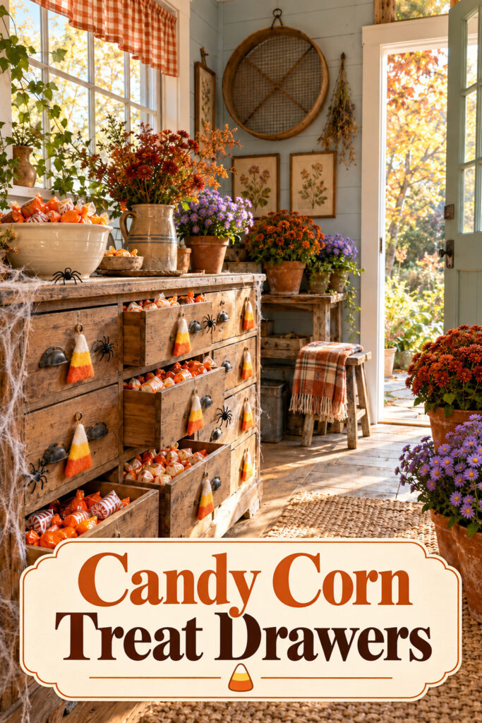 Felt candy corn decorations on wooden treat drawers filled with wrapped sweets in a farmhouse potting shed with the words Candy Corn Treat Drawers