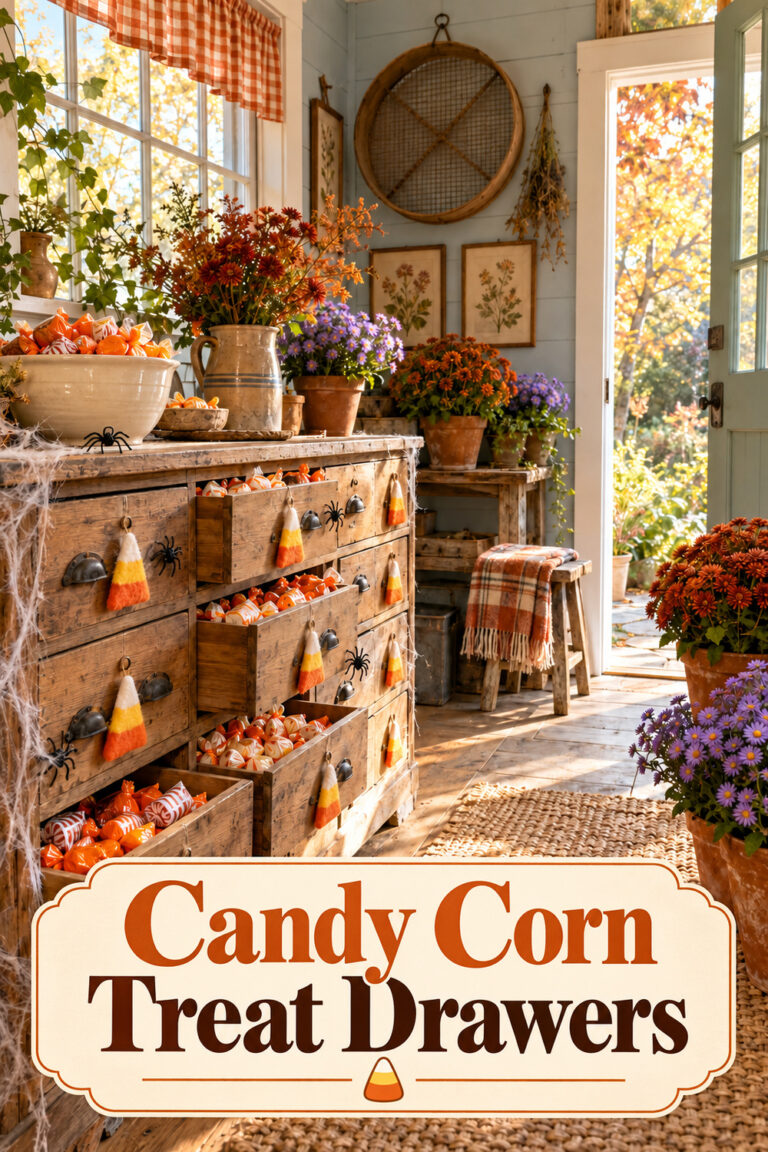 Felt candy corn decorations on wooden treat drawers filled with wrapped sweets in a farmhouse potting shed with the words Candy Corn Treat Drawers