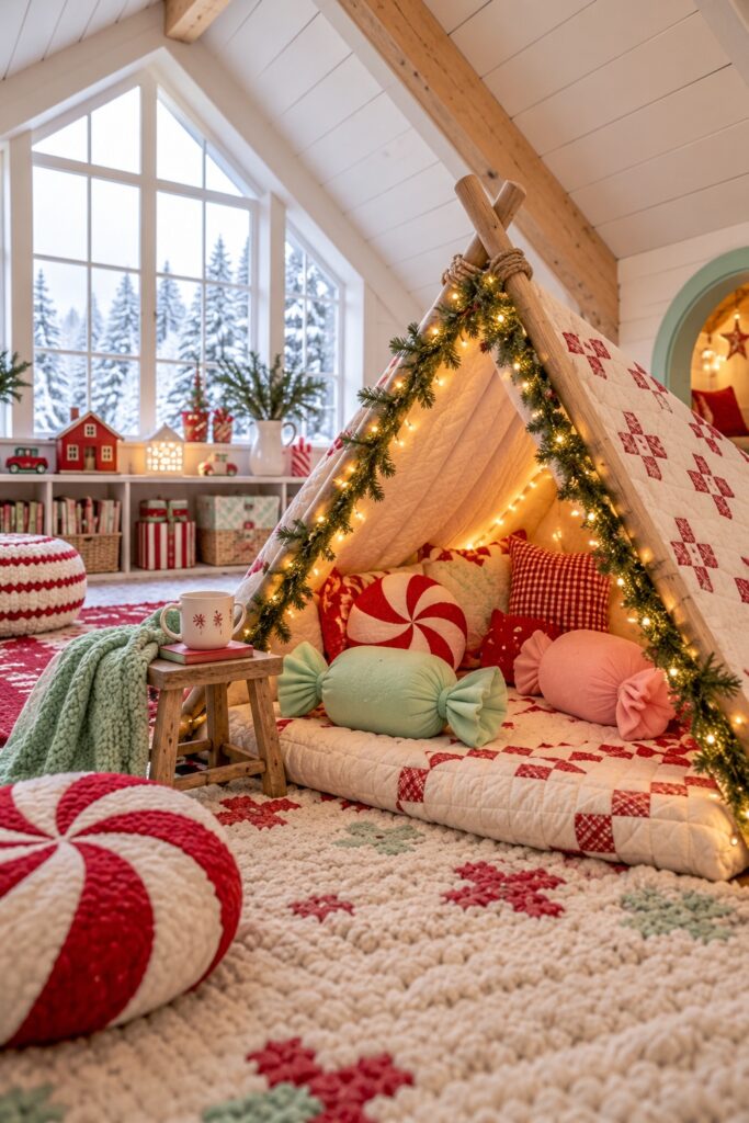 A quilt tent holds plush candy shaped cushions beneath Christmas greenery and tiny lights in an attic lounge