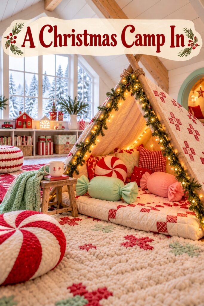 A quilt covered tent with wrapped candy cushions beneath the words A Christmas Camp In