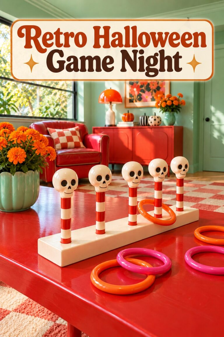 Ivory skull topped striped pegs and pink hoops below the words Retro Halloween Game Night