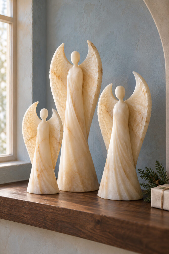 Three ivory alabaster inspired angel sculptures with tall curved wings on a dark wooden ledge against a blue alcove