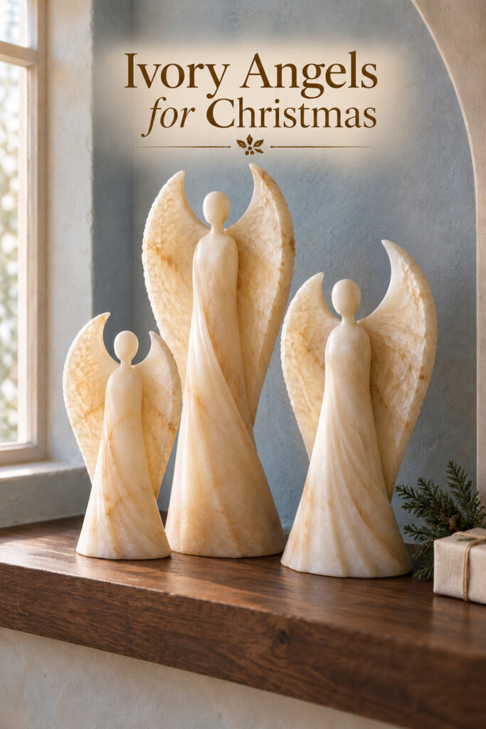 Three ivory alabaster inspired angel sculptures with tall curved wings on a dark wooden ledge against a blue alcove with the words Ivory Angels for Christmas