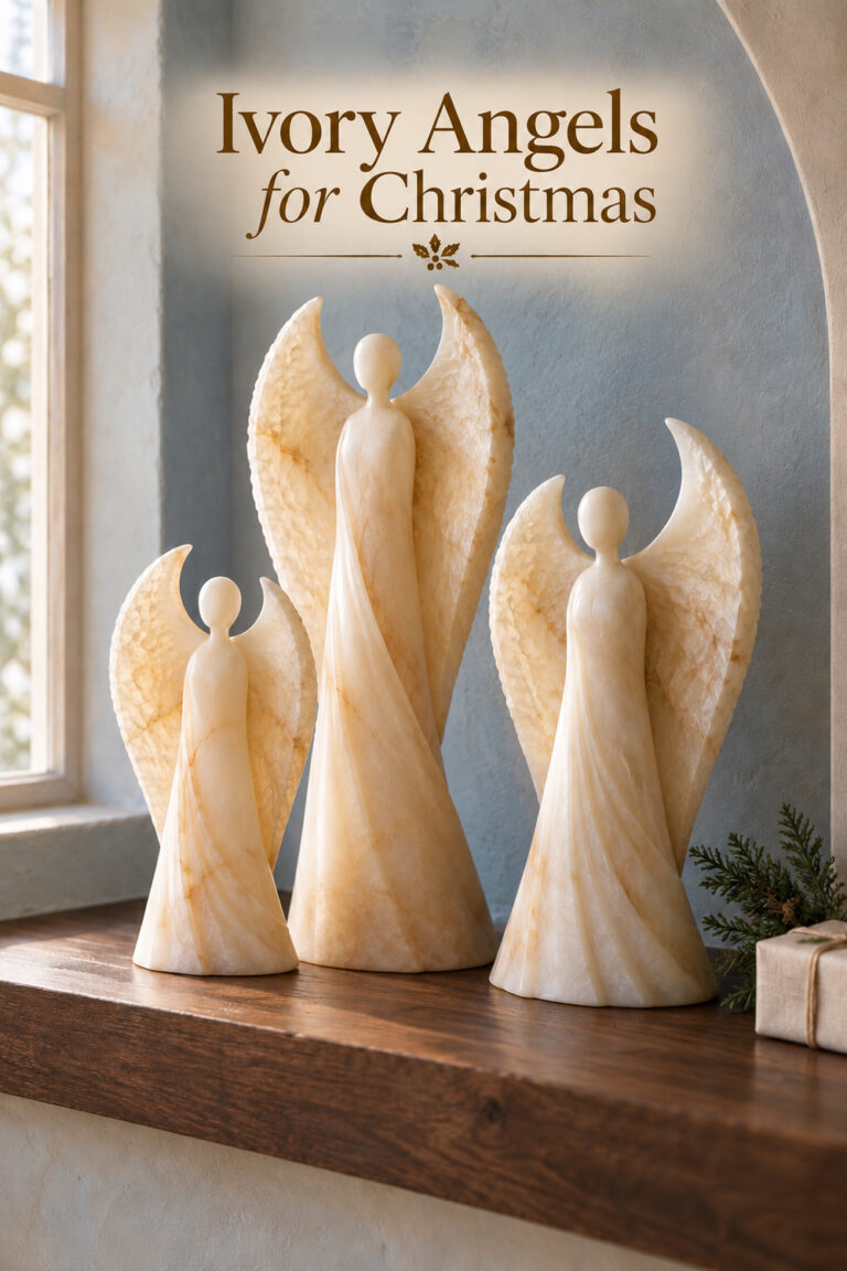 Three ivory alabaster inspired angel sculptures with tall curved wings on a dark wooden ledge against a blue alcove with the words Ivory Angels for Christmas