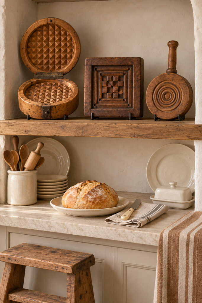 Geometric carved wooden butter molds stand on a pantry shelf above cream dishes bread and striped linen