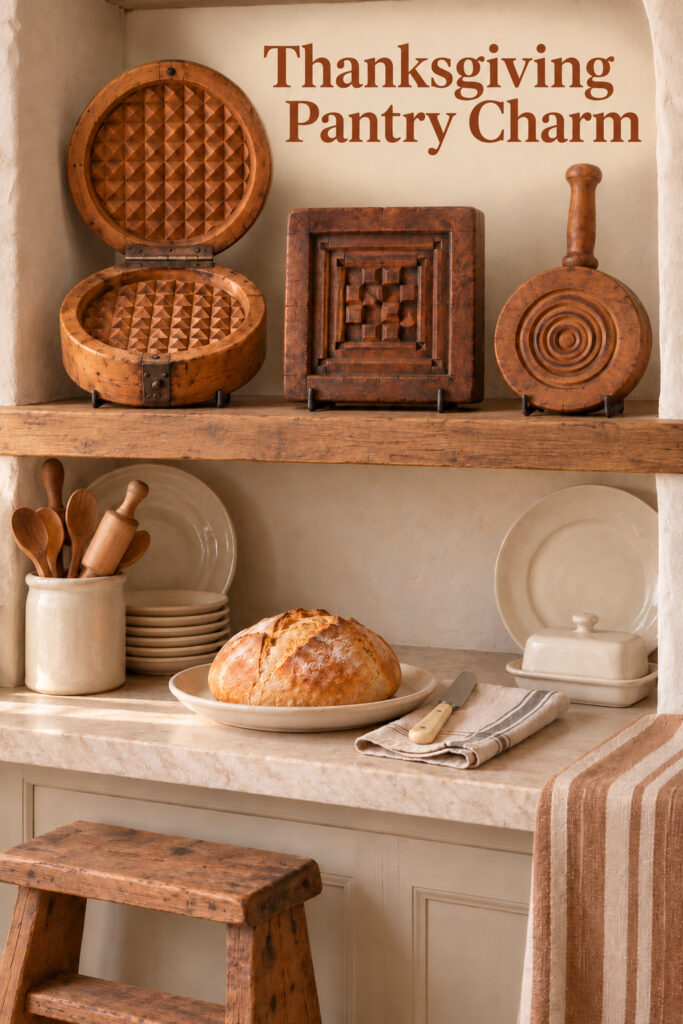 Thanksgiving Pantry Charm headline over carved wood molds displayed above a cream pantry counter
