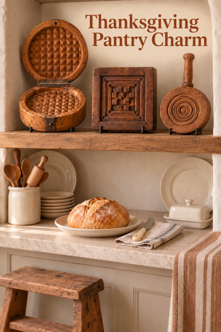 Thanksgiving Pantry Charm headline over carved wood molds displayed above a cream pantry counter