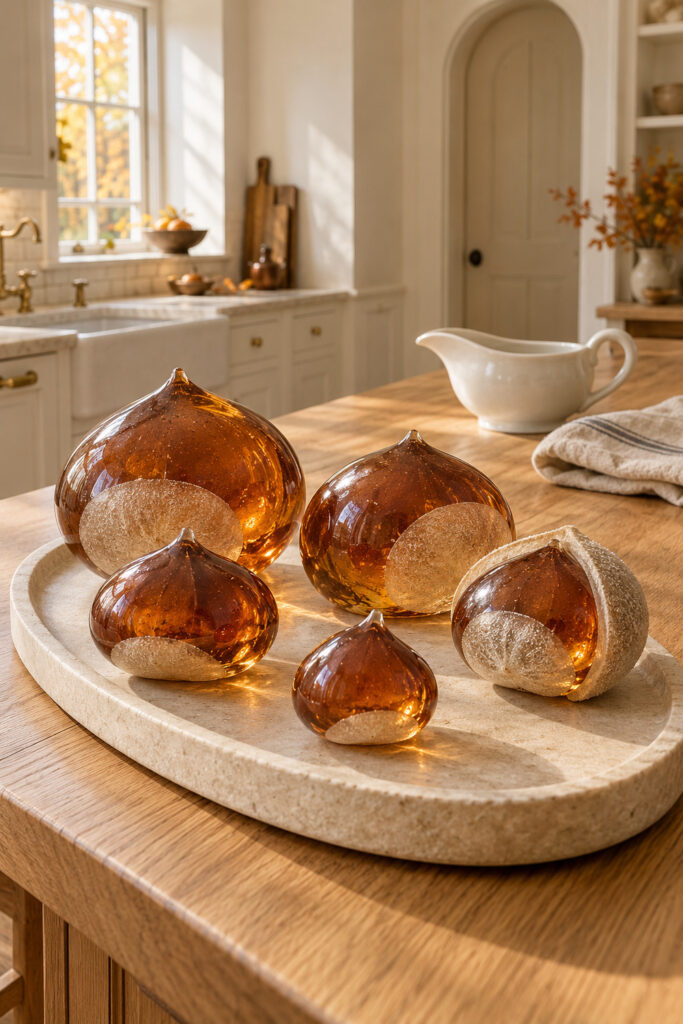 Five amber glass chestnut sculptures with pale textured patches on an oval stone tray