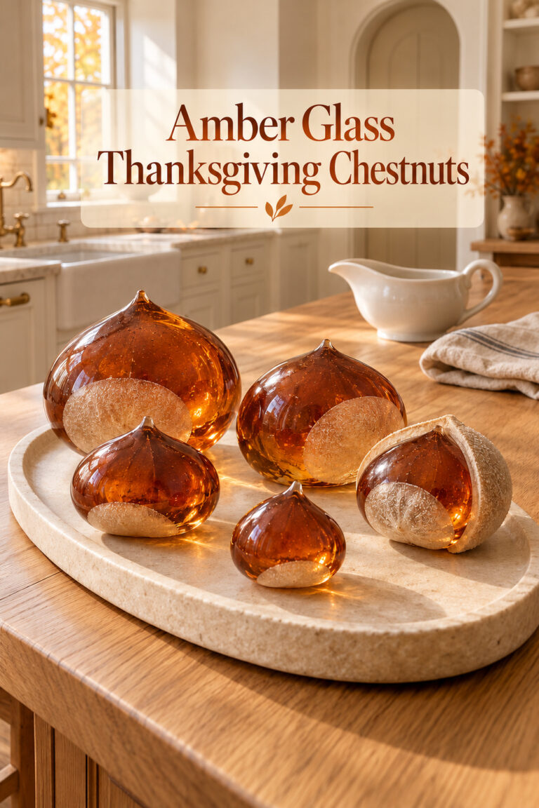 Five amber glass chestnut sculptures with pale textured patches on an oval stone tray with the words Amber Glass Thanksgiving Chestnuts