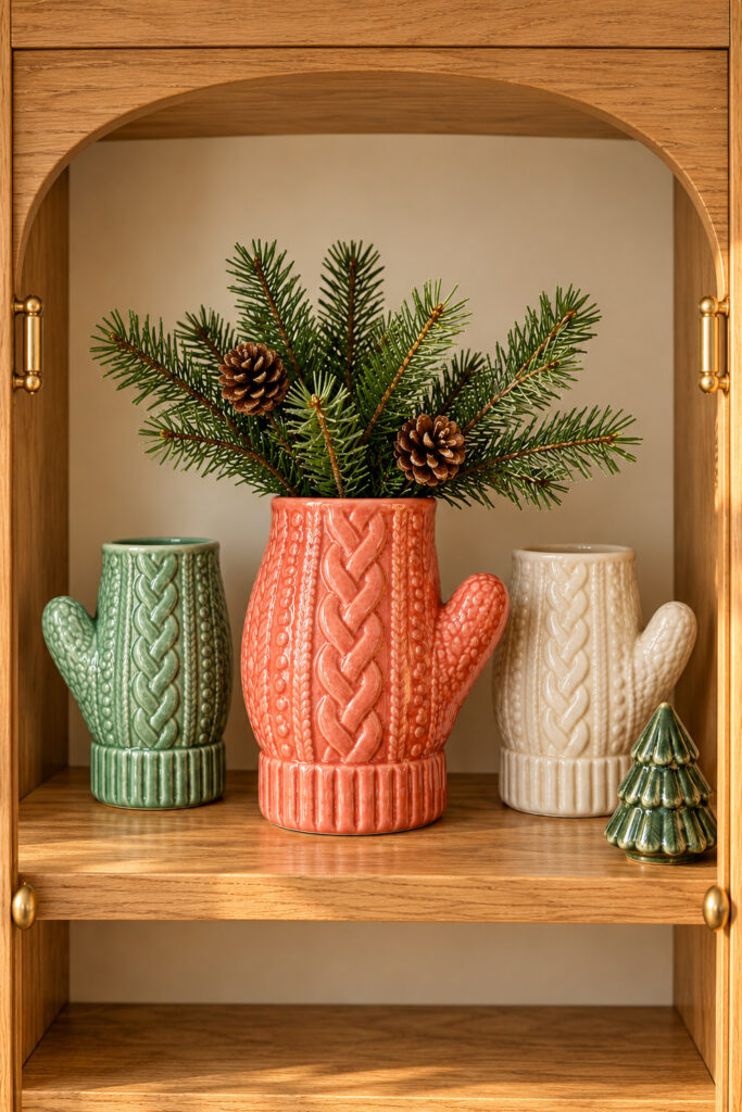 Coral sage and ivory ceramic mitten vases with raised cable patterns and evergreen branches displayed in an oak cabinet