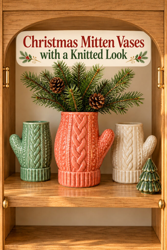 Three cable textured ceramic mittens in an oak cabinet with text Christmas Mitten Vases with a Knitted Look
