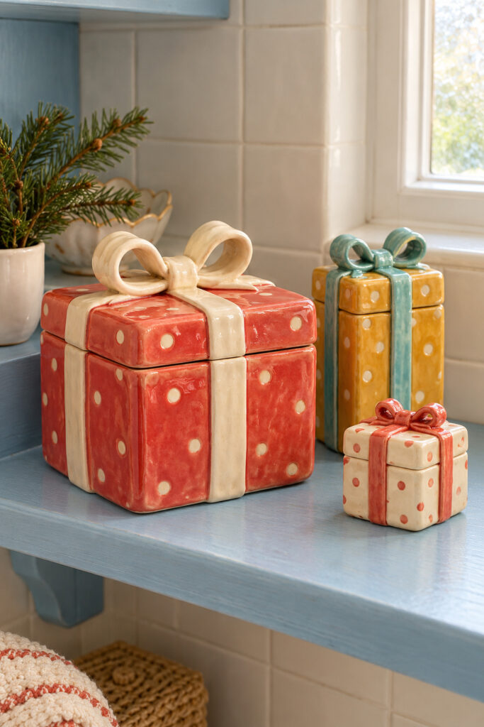 Three glazed ceramic Christmas present boxes with raised bows and dots on a blue bathroom shelf