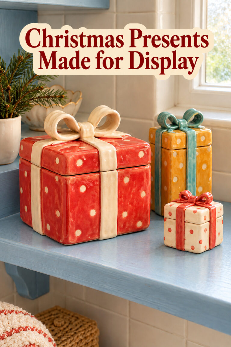 Coral mustard and ivory ceramic gift boxes with text Christmas Presents Made for Display