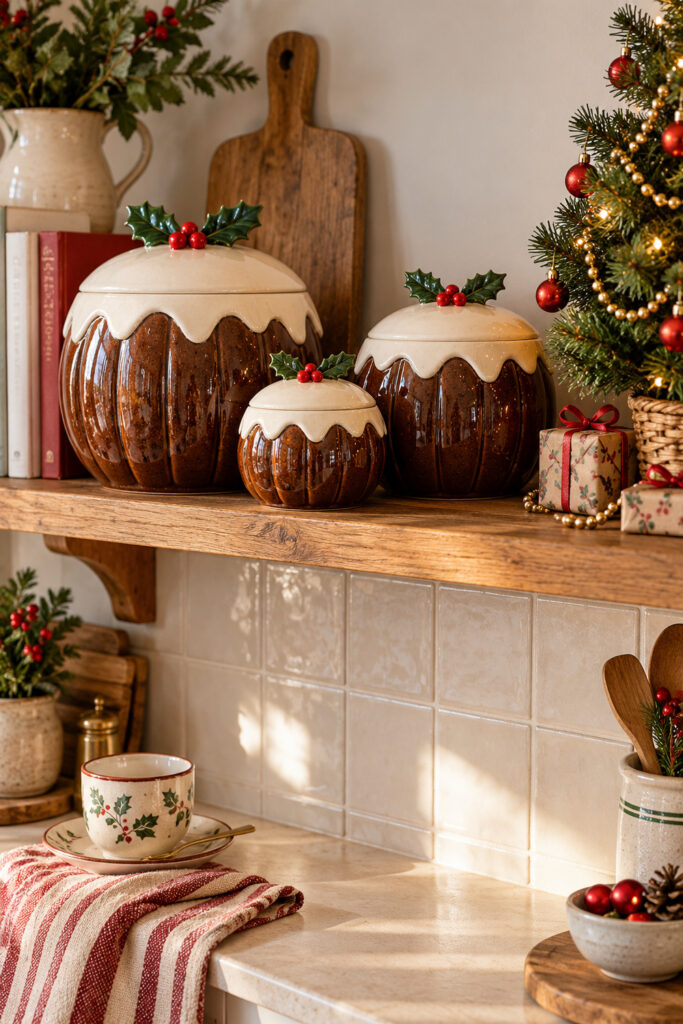 Three brown ceramic pudding shaped jars with ivory holly topped lids on an oak shelf beside a small Christmas tree