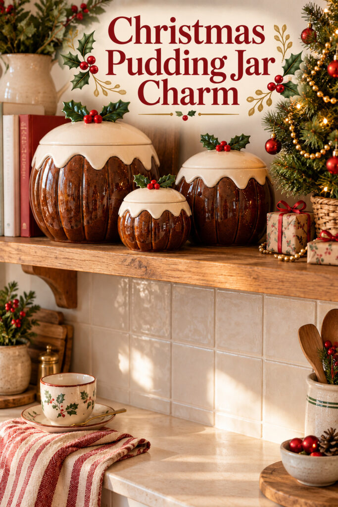 Christmas Pudding Jar Charm headline above brown and ivory lidded jars on a wooden kitchen shelf