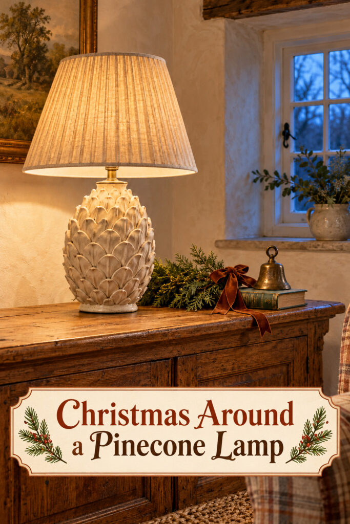 Textured ivory lamp and Christmas greenery with the headline Christmas Around a Pinecone Lamp