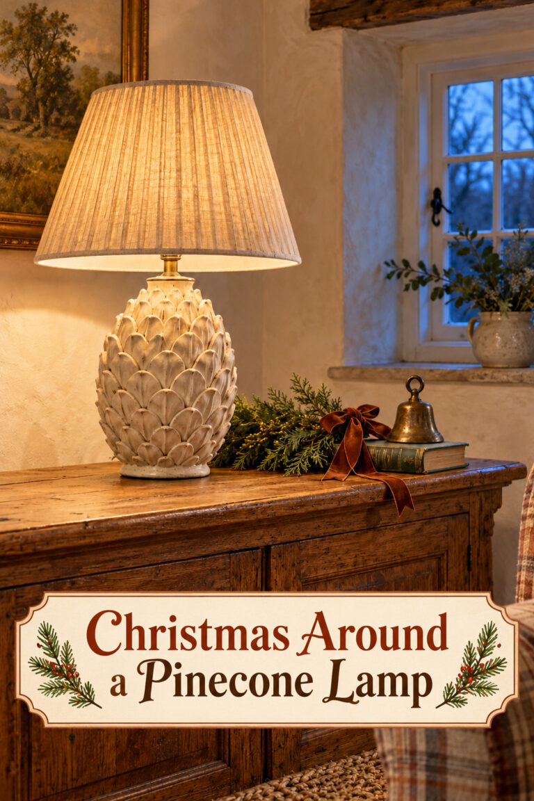 Textured ivory lamp and Christmas greenery with the headline Christmas Around a Pinecone Lamp