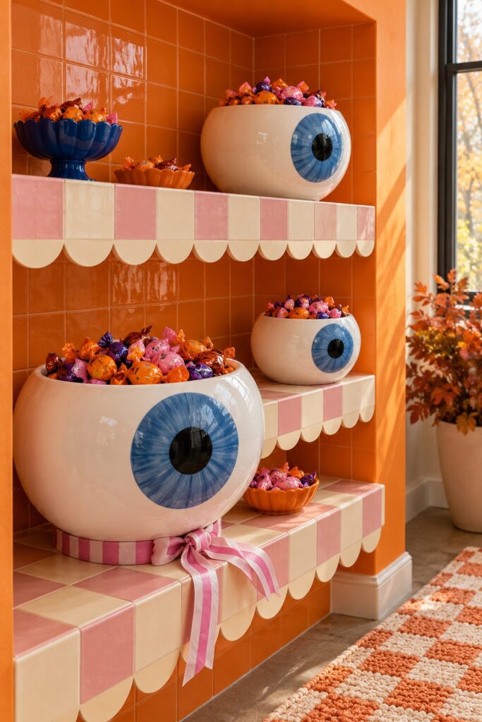 White eyeball candy bowls filled with wrapped sweets sit on pink and cream checkerboard shelves in an orange recess