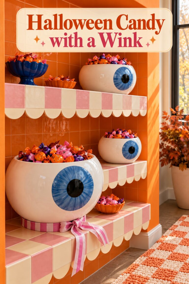 Halloween candy shelf with blue eyed white bowls beneath the words Halloween Candy with a Wink