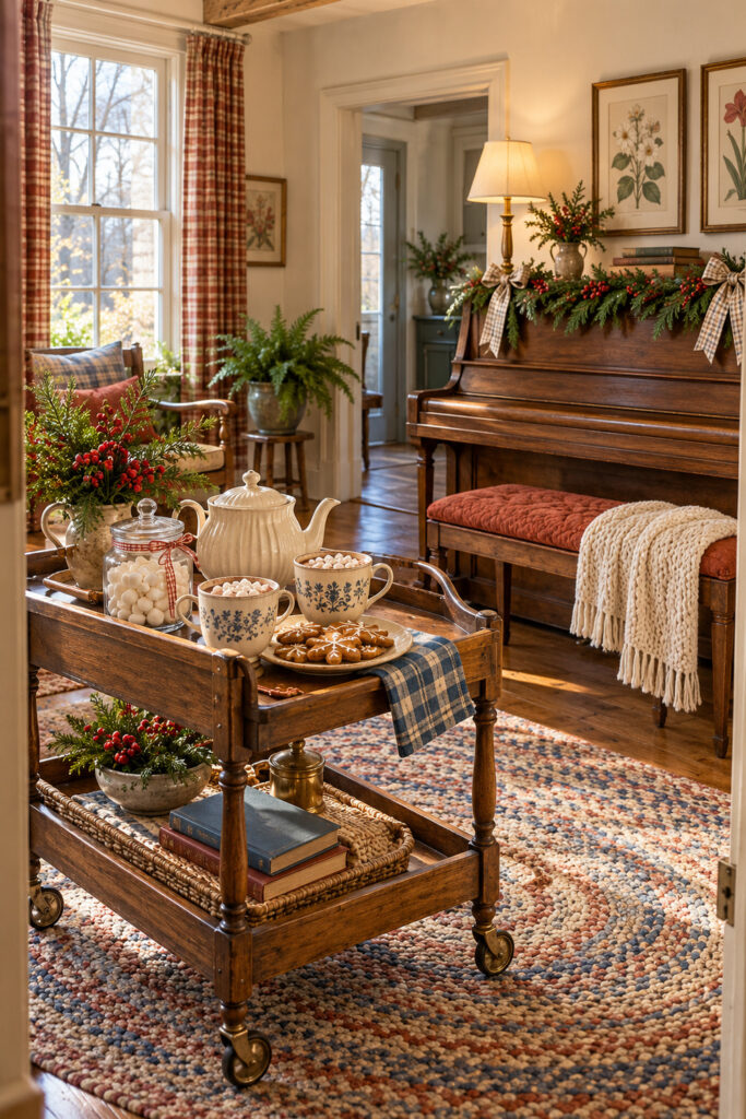 Wooden cocoa trolley with cream serving pottery blue patterned mugs marshmallows and gingerbread in front of a decorated farmhouse piano