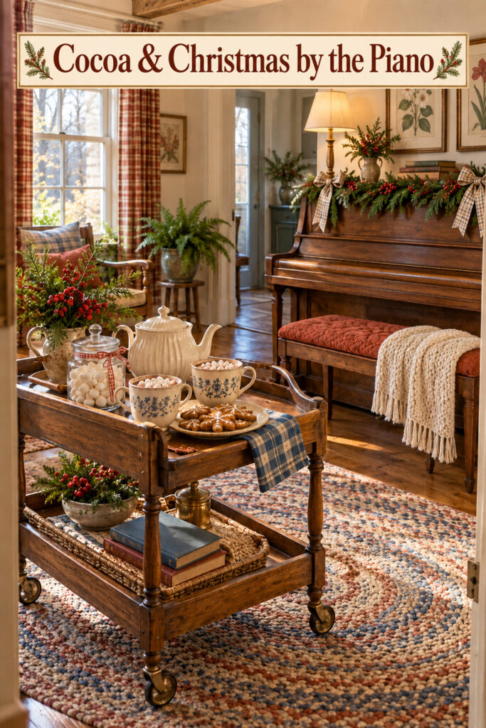 Wooden cocoa trolley with cream serving pottery blue patterned mugs marshmallows and gingerbread in front of a decorated farmhouse piano with text reading Cocoa and Christmas by the Piano