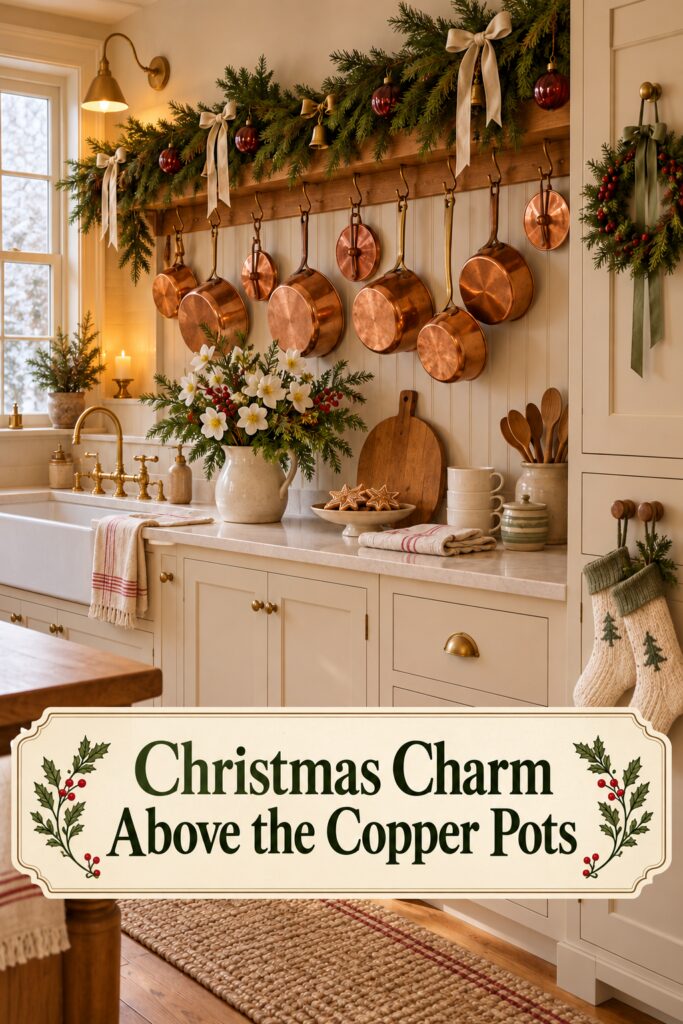 Farmhouse kitchen with copper cookware and a lower cream panel reading Christmas Charm Above the Copper Pots