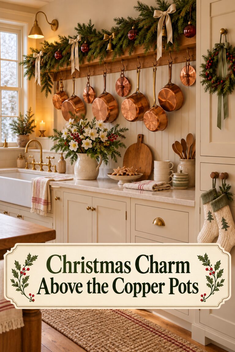 Farmhouse kitchen with copper cookware and a lower cream panel reading Christmas Charm Above the Copper Pots