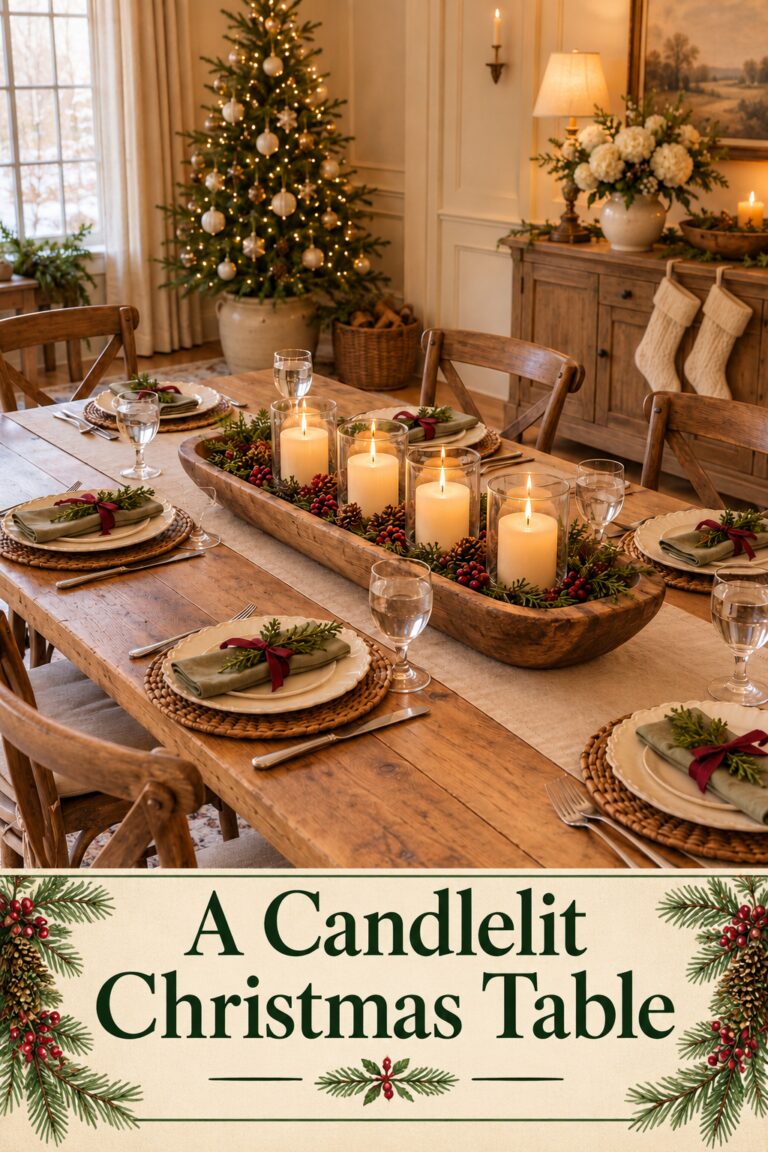 Christmas dough bowl table centerpiece above a cream panel reading A Candlelit Christmas Table