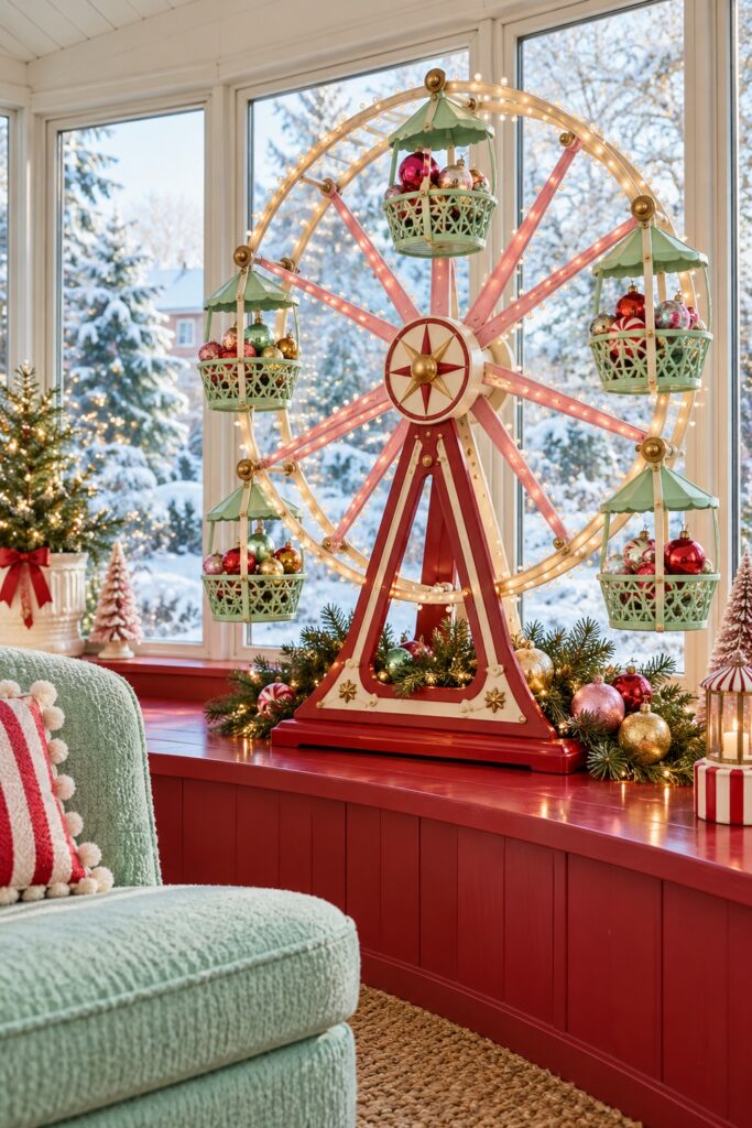 A miniature cream Ferris wheel holds Christmas baubles in mint baskets beside a bright bay window
