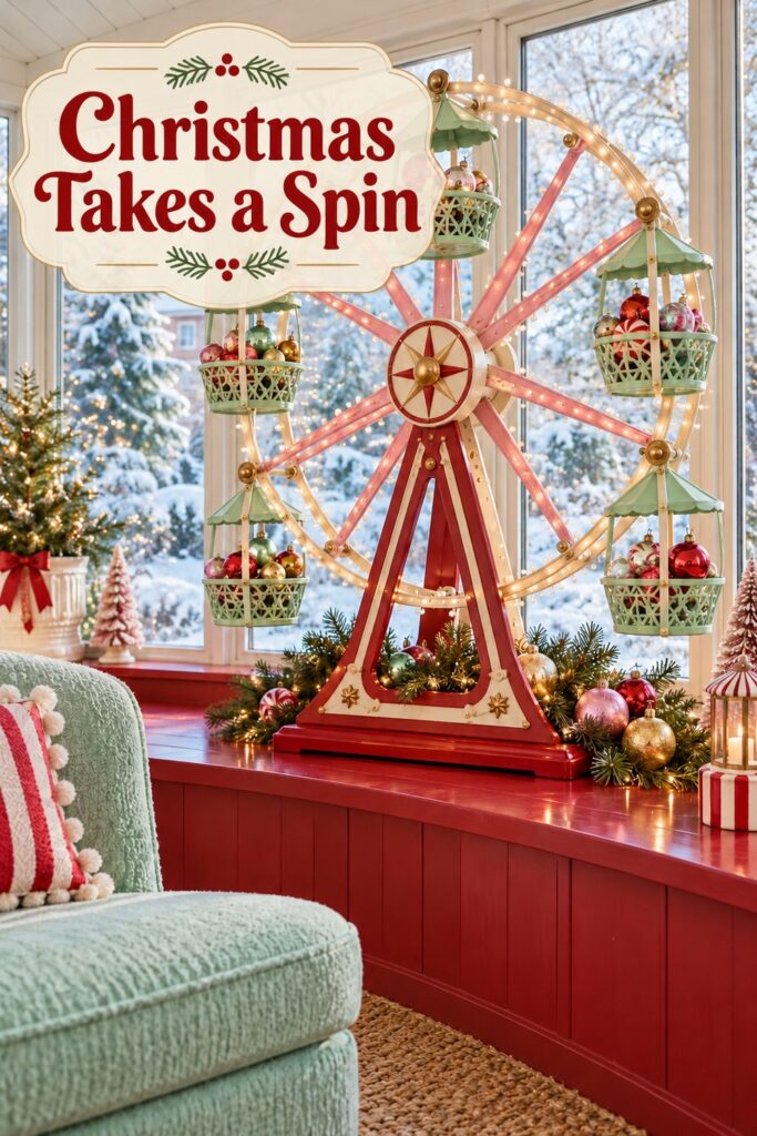 A cream Ferris wheel holding Christmas baubles with the words Christmas Takes a Spin
