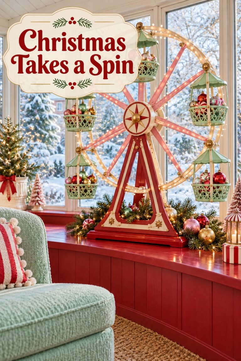 A cream Ferris wheel holding Christmas baubles with the words Christmas Takes a Spin
