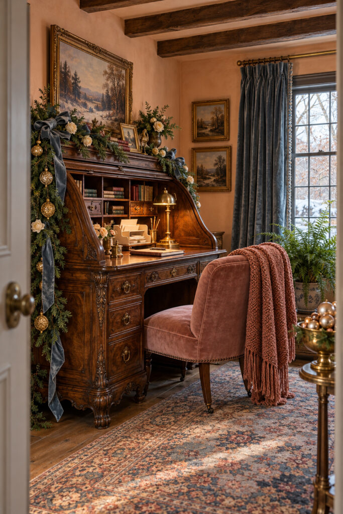 Carved wooden rolltop secretary edged with Christmas greenery blue velvet ribbon cream flowers and gold hanging ornaments